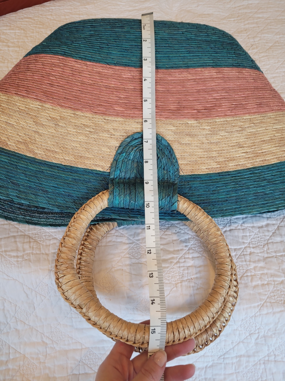 Woven Straw Circle-Handle Beach Tote in Teal, Pink & Natural, Velcro Closure - Picture 8 of 9